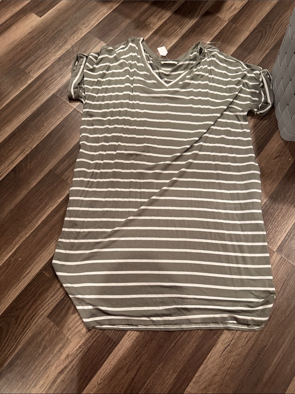 Zenana Outfitters Olive and White Striped V-Neck Tunic